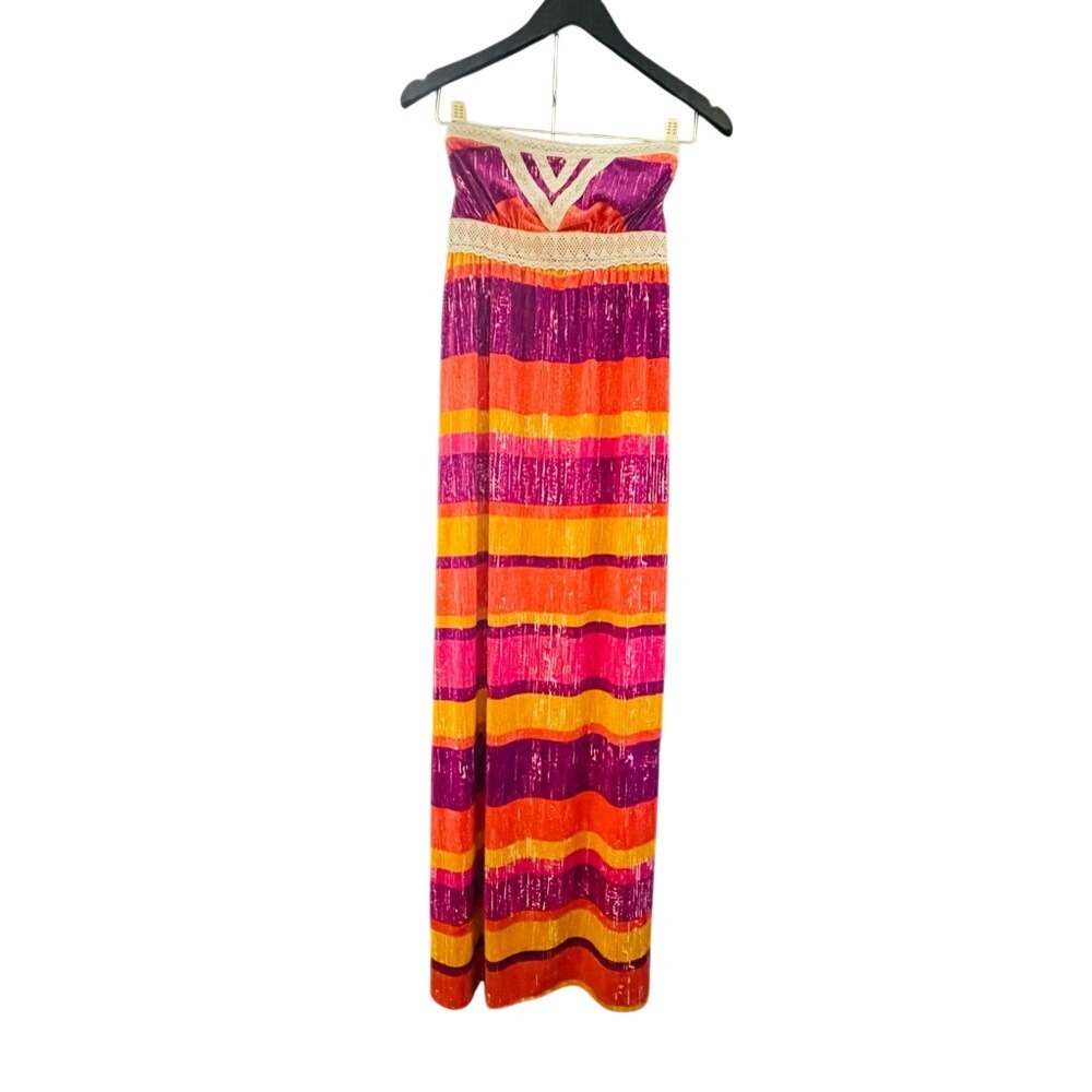 2B bebe Strapless Lace Trim Striped Maxi Dress Purple‎ Pink Orange Yellow S - Picture 5 of 6